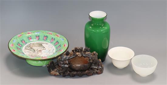 A Chinese Canton famille rose pedestal stem bowl, late Qing dynasty dia 19cm, three Chinese Peking glass vases and two bowls,